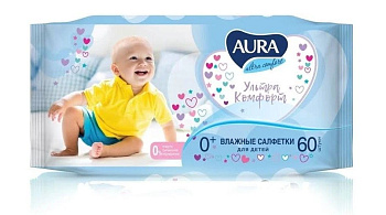 Aura ultra comfort влажные салфетки для детей 60 шт