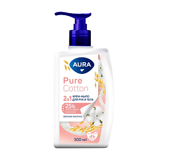 Aura Pure cotton крем мыло 2 в1 для рук и тела хлопок и овсяное молоко флакон дозатор 300 мл
