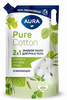 Aura pure cotton жид мыло 2в1 для рук и тела хлопок и луговые травы флакон дозатор 300мл