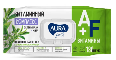 Aura family влажные салфетки с антибактериальным эффектом big pack с крышкой 180шт