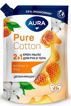 Aura pure cotton жид мыло 2в1 для рук и тела хлопок и мёд дой пак 450мл
