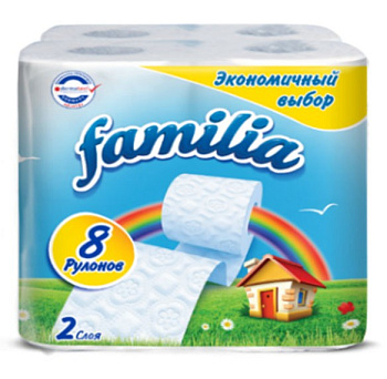HAYAT 'Familia' Туалетная бумага  эконом белая двухслойная, 8шт РАДУГА